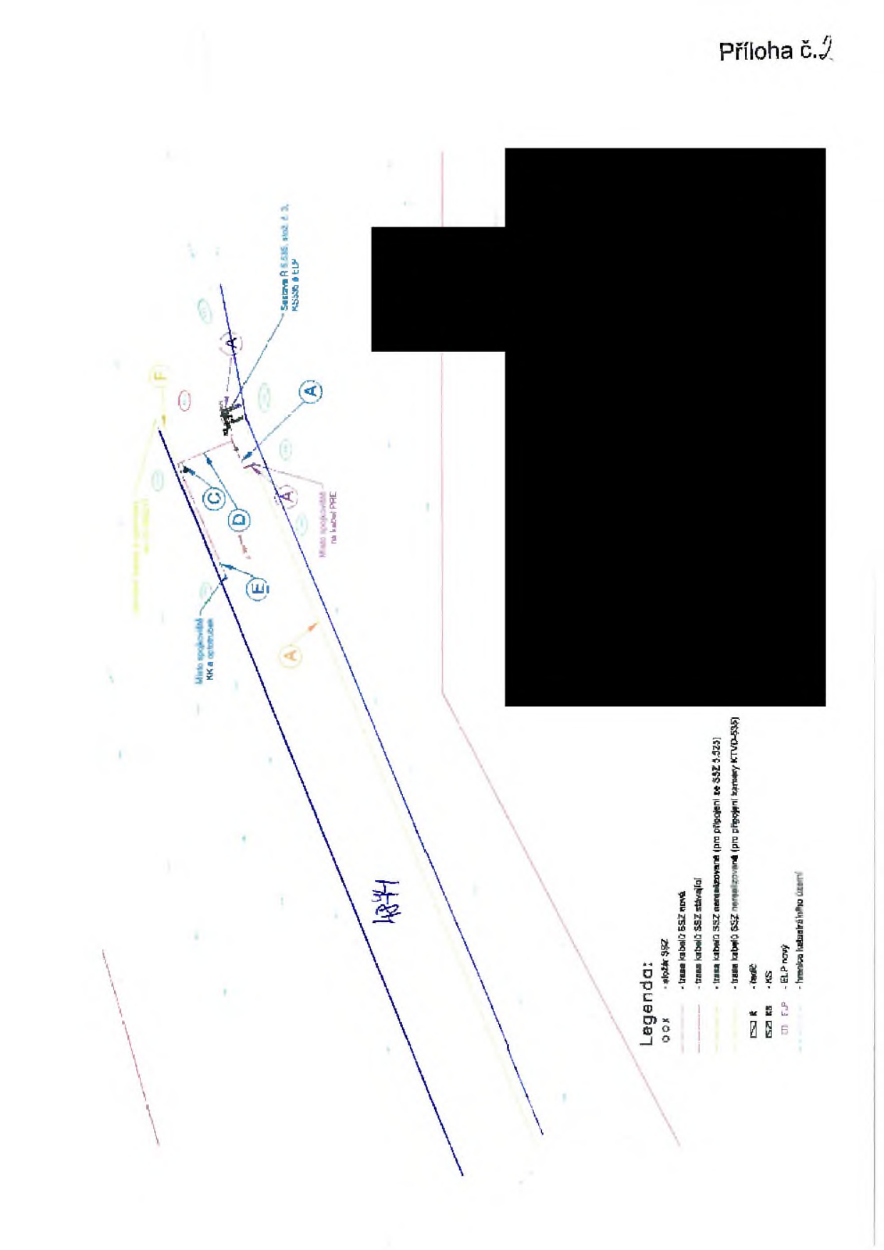 Situační nákres technické infrastruktury (SSZ - světelné signalizační zařízení). Obsahuje legendu: 'stoják SSZ', 'trasa kabelů SSZ nová', 'trasa kabelů SSZ stávající', 'trasa kabelů SSZ nerealizovaná (pro připojení ze SSZ 5.523)', 'trasa kabelů SSZ nerealizovaná (pro připojení kamery KTVD-535)', 'ELP nový', 'hranice katastrálního území'. V nákresu jsou vyznačeny body A, C, D, E, F, místo spojování KK a optotrubek, místo spojování na kabel PRE a sestava R 5.535, stožár č. 3. V rohu je text 'Příloha č. 2'.