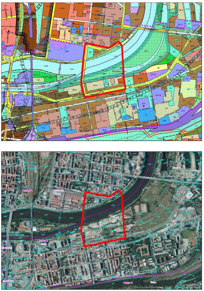 Dvojice mapových podkladů (územní plán a ortofotomapa) zobrazující vymezené území v Praze (Rohanský ostrov). V mapách jsou patrné názvy lokalit: Praha 7, Praha 8, Karlín, Žižkov, Rohanský ostrov, Vltava. V mapě jsou vyznačeny zóny s kódy využití území (např. SV, ZMK, VOP, OB-G, ZVO-H, OV-H, ZP, VV, SMJ-I). Červeně je ohraničena konkrétní zájmová oblast na Rohanském ostrově.