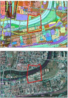 Dvojice mapových podkladů (územní plán a ortofotomapa) zobrazující vymezené území v Praze (Rohanský ostrov). V mapách jsou patrné názvy lokalit: Praha 7, Praha…