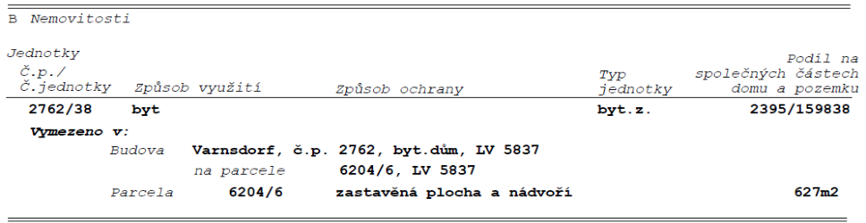 Výpis z katastru nemovitostí, část B Nemovitosti. Jednotka č.p./č.jednotky: 2762/38, způsob využití: byt, typ jednotky: byt.z., podíl na společných částech domu a pozemku: 2395/159838. Vymezeno v: Budova Varnsdorf, č.p. 2762, byt.dům, LV 5837, na parcele 6204/6, LV 5837. Parcela 6204/6, zastavěná plocha a nádvoří, 627m2.