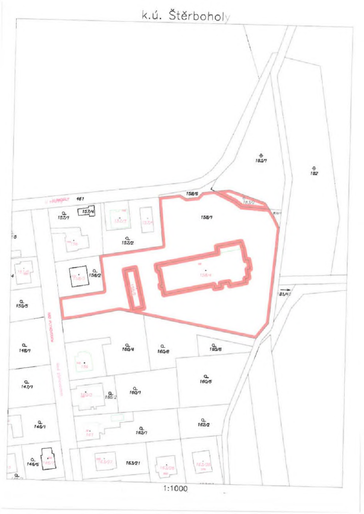 Katastrální mapa území k.ú. Štěrboholy v měřítku 1:1000. Mapa zobrazuje parcelní čísla pozemků (např. 157/1, 157/2, 158/1, 158/2, 160/1, 160/4, 160/5, 160/6, 160/8, 162/2, 163/21, 146/1, 146/5, 147/1, 150/5, 183/1, 183/2, 182, 461). Červenou barvou je v mapě vyznačena hranice zájmového území zahrnující parcely 158/1, 158/2 a 158/5.