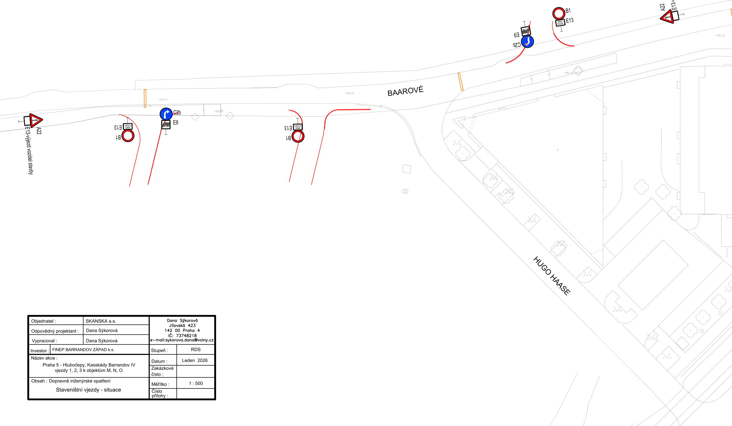 Situační nákres dopravního značení pro stavební vjezdy v rámci projektu Praha 5 - Hlubočepy, Kasskádny Barrandov IV.