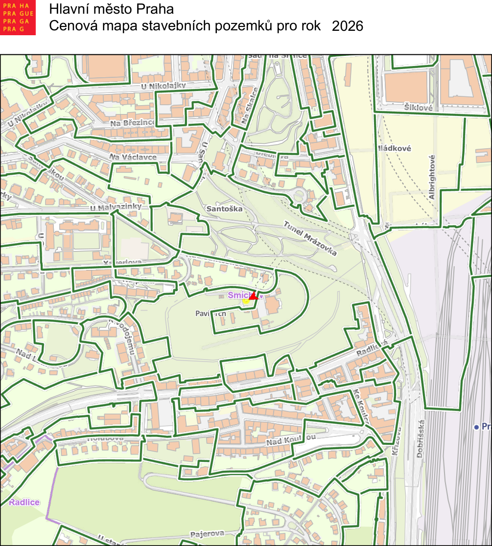Hlavní město Praha, Cenová mapa stavebních pozemků pro rok 2026. Mapa zobrazuje oblast v Praze (okolí ulic U Nikolajky, Na Březince, Na Václavce, U Sanopz, Santoška, Tunel Mrázovka, Radlická, Ke Koulce, Nad Koulkou, Pajerova, Dobříšská). V mapě je červeným trojúhelníkem označen bod s nápisem 'Smick'.