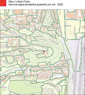 Hlavní město Praha, Cenová mapa stavebních pozemků pro rok 2026. Mapa zobrazuje oblast v Praze (okolí ulic U Nikolajky, Na Březince, Na Václavce, U Sanopz, San…