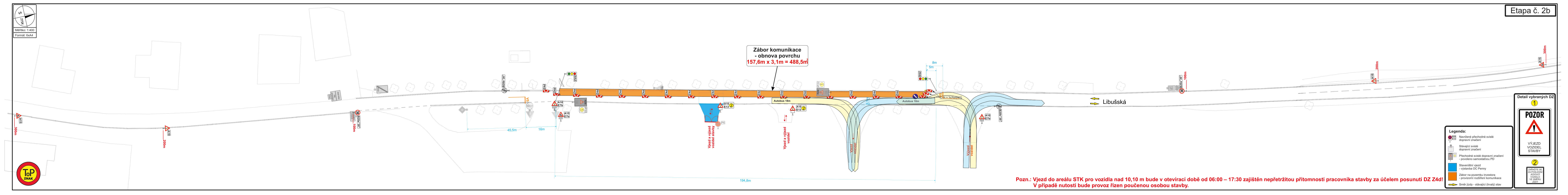 Plán dopravního značení pro etapu č. 2b. Obsahuje situační nákres uzavírky komunikace s obnovou povrchu o rozměrech 157,6 m x 3,1 m = 488,5 m². V plánu jsou vyznačeny dočasné dopravní značky, semafory a objízdné trasy. Poznámka: Vjezd do areálu STK pro vozidla nad 10,10 m bude v otevírací době od 06:00 – 17:30 zajištěn nepřetržitou přítomností pracovníka stavby za účelem posunutí DZ 2.kd. V případě nutnosti bude provoz řízen poučenou osobou stavby. Legenda obsahuje značky pro uzavírku, zákaz vjezdu, semafory a další dopravní značení.