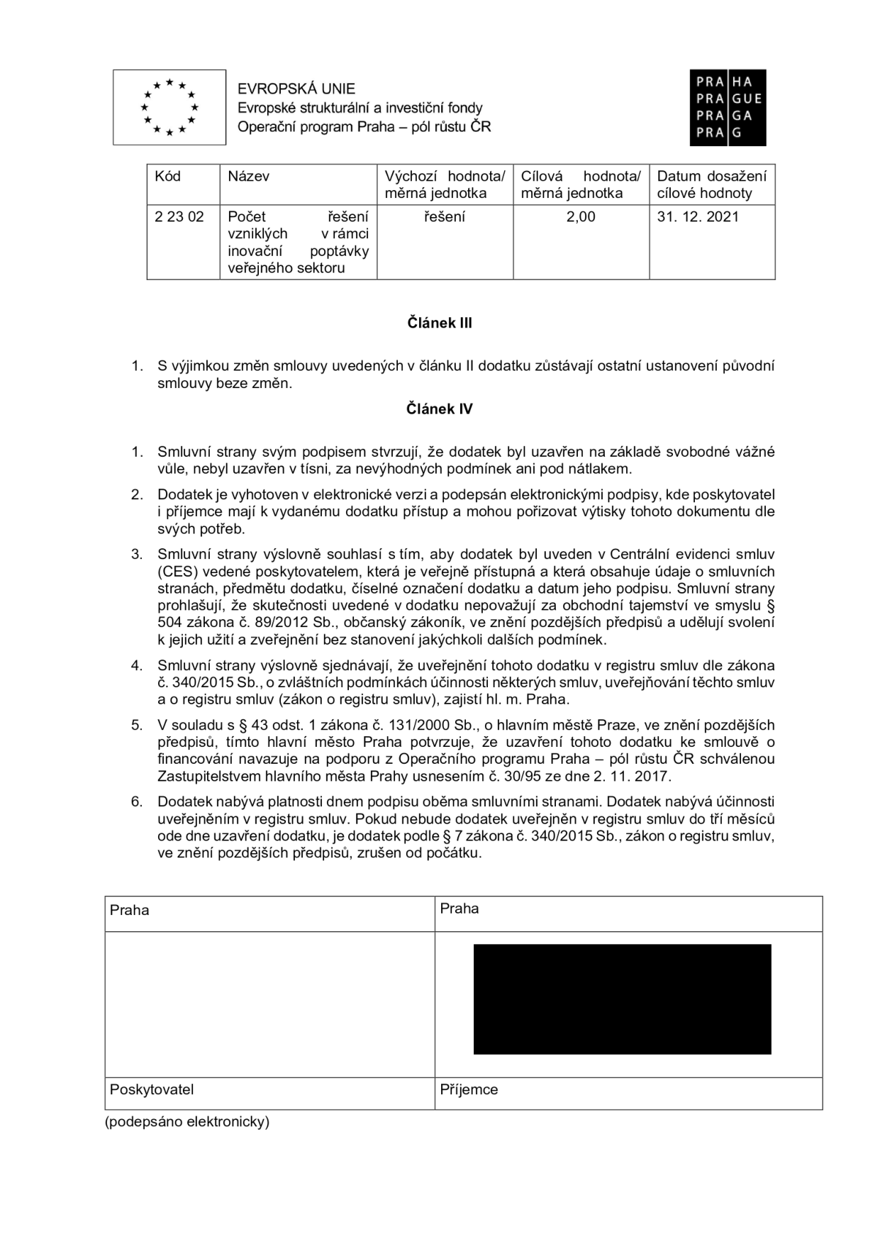 Tabulka s parametry projektu: Kód 2 23 02, Název: Počet řešení vzniklých v rámci inovační poptávky veřejného sektoru, Výchozí hodnota: řešení, Cílová hodnota: 2,00, Datum dosažení cílové hodnoty: 31. 12. 2021. Dále text dokumentu: Článek III (ostatní ustanovení zůstávají beze změn) a Článek IV (právní ustanovení o uzavření dodatku, elektronickém podpisu, zveřejnění v registru smluv dle zákona č. 340/2015 Sb. a schválení Zastupitelstvem hl. m. Prahy usnesením č. 30/95 ze dne 2. 11. 2017).