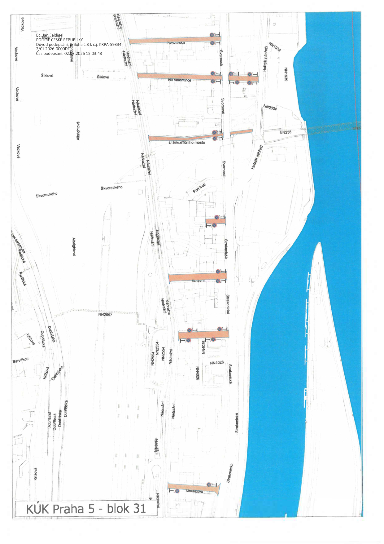 Situační nákres dopravního značení nebo uzavírek v oblasti Praha 5 - blok 31.