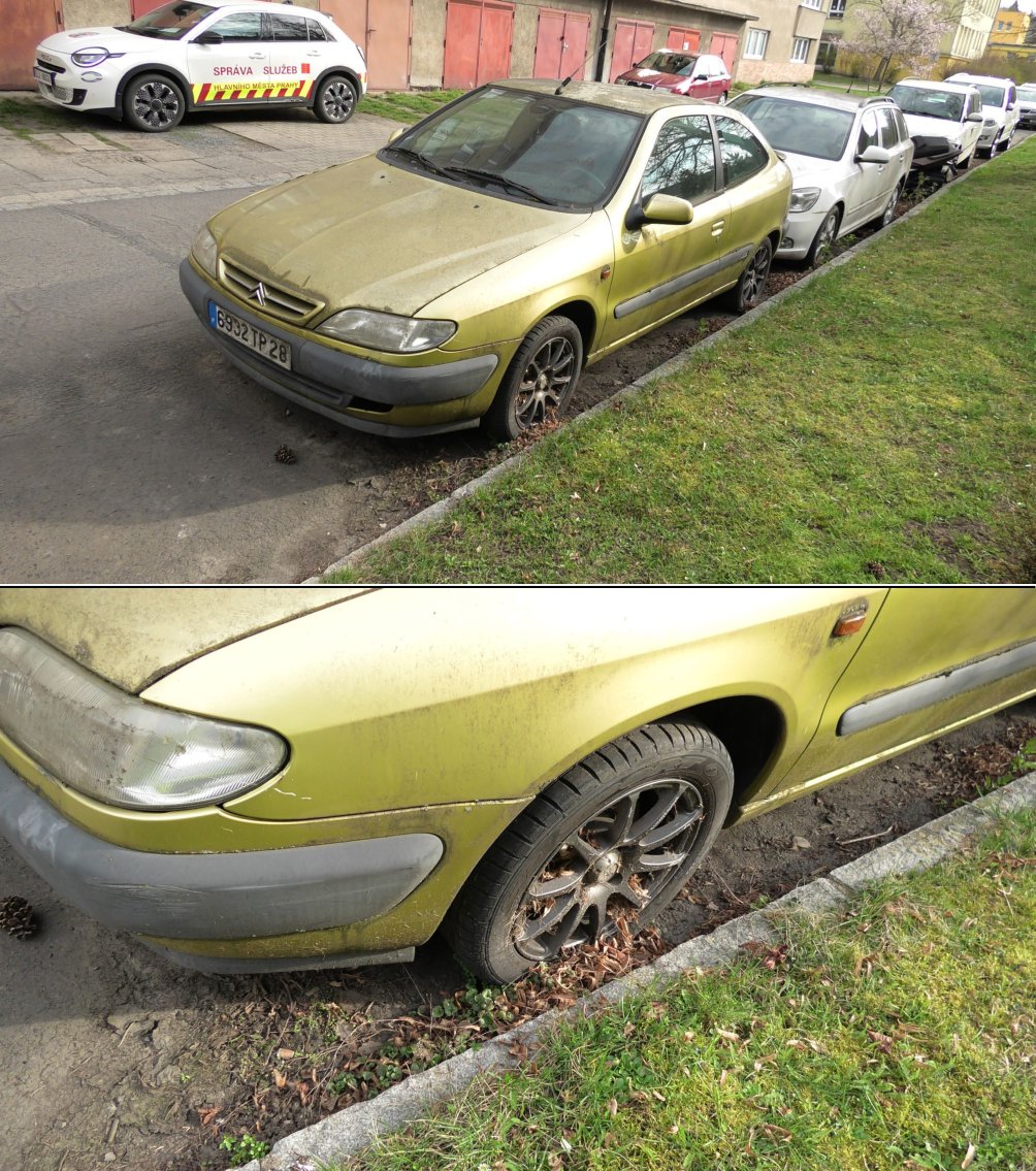 Fotografie zaparkovaného osobního automobilu značky Citroën (model Xsara) olivově zelené barvy s registrační značkou 6932 TP 28. V pozadí je vidět další vozidlo s nápisem 'SPRÁVA SLUŽEB HLAVNÍHO MĚSTA PRAHY'.