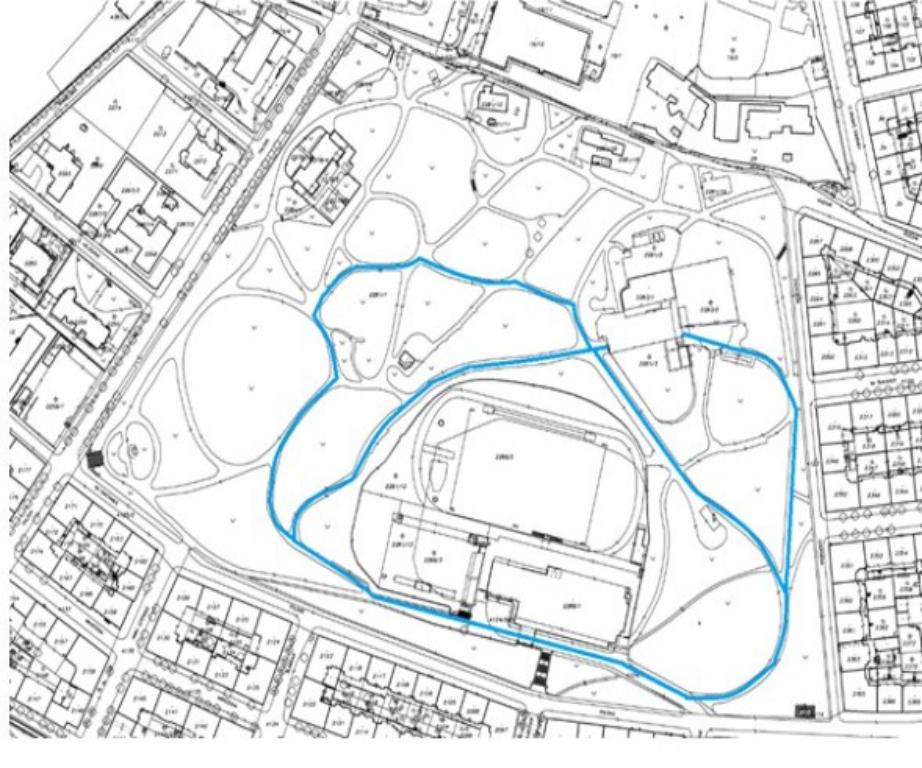 Katastrální mapa území s vyznačeným zájmovým prostorem.