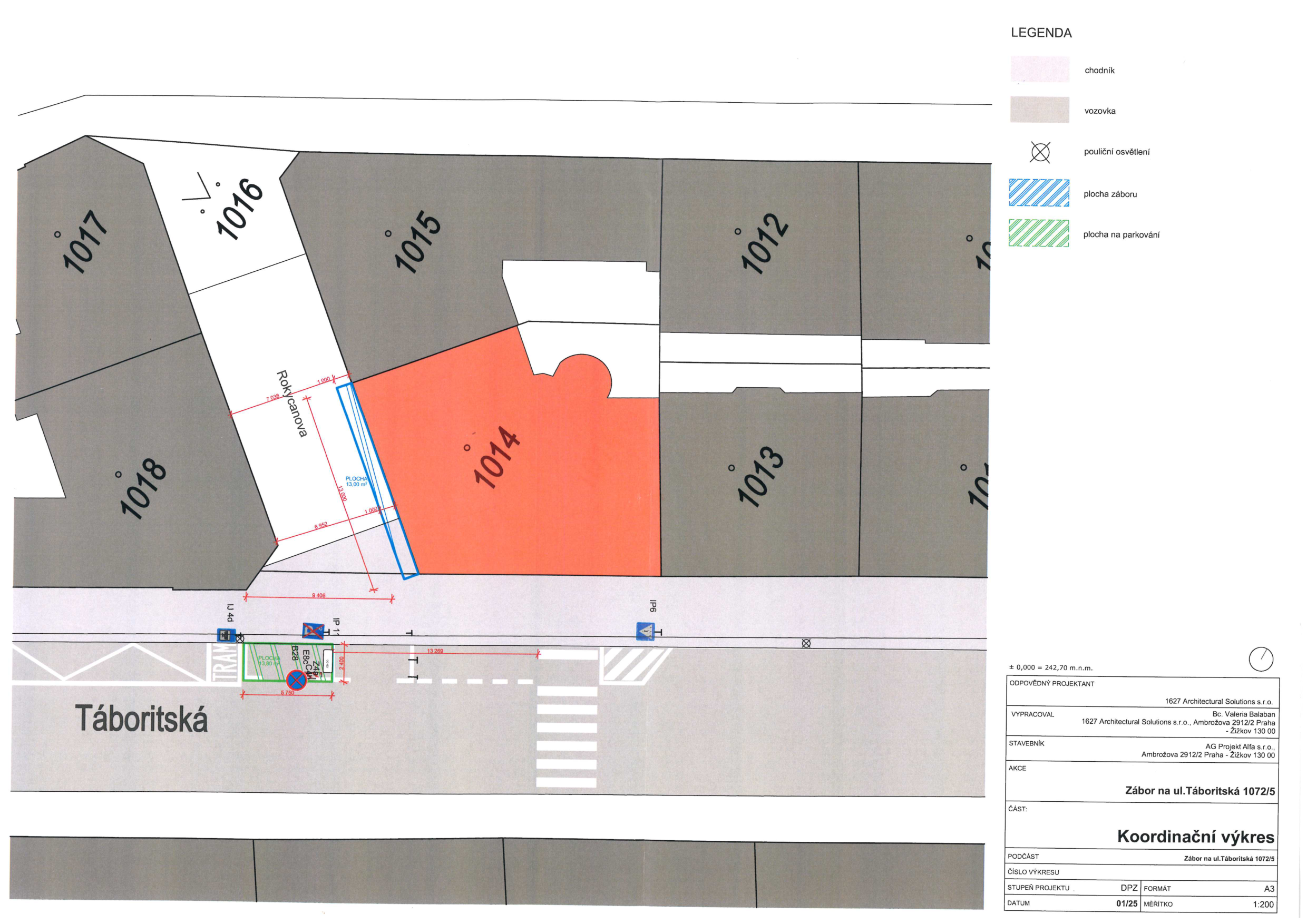Koordinační výkres záboru na ulici Táboritská v Praze.