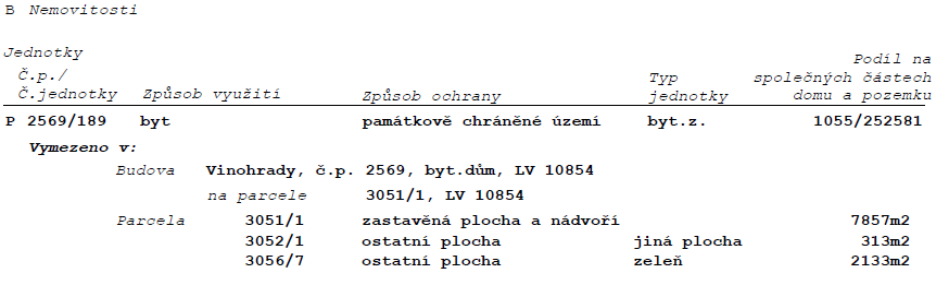 Výpis z katastru nemovitostí, část B Nemovitosti. Jednotka: č.p./č.jednotky P 2569/189, způsob využití: byt, způsob ochrany: památkově chráněné území, typ jednotky: byt.z., podíl na společných částech domu a pozemku: 1055/252581. Vymezeno v: Budova Vinohrady, č.p. 2569, byt.dům, LV 10854 na parcele 3051/1, LV 10854. Parcela 3051/1: zastavěná plocha a nádvoří, 7857 m2. Parcela 3052/1: ostatní plocha, jiná plocha, 313 m2. Parcela 3056/7: ostatní plocha, zeleň, 2133 m2.