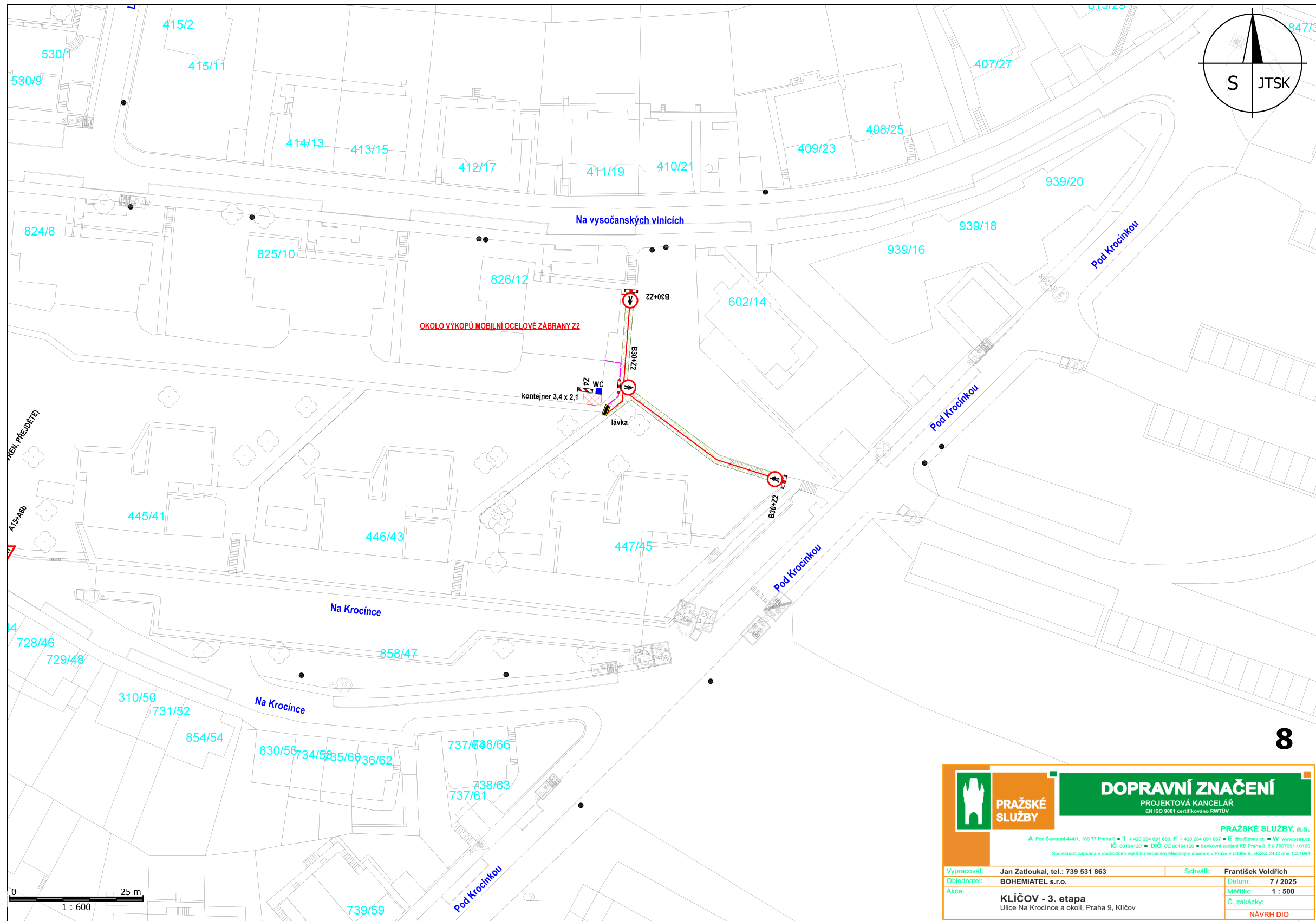 Situační nákres dopravního značení pro stavbu 'KLÍČOV - 3. etapa' v ulici Na Krocince, Praha 9, Kličov. Dokument obsahuje: mapový podklad s vyznačením výkopu, mobilního oplocení (Z2), dopravních značek (B30+Z2, Z4), umístění kontejneru (3,4 x 2,1 m) a lávky. V pravém dolním rohu je razítko: PRAŽSKÉ SLUŽBY, PROJEKTOVÁ KANCELÁŘ. Vypracoval: Jan Zatloukal, tel.: 739 531 863. Schválil: František Voldřich. Datum: 7/2025. Měřítko: 1:500. Číslo zakázky: NÁVRH DIO.