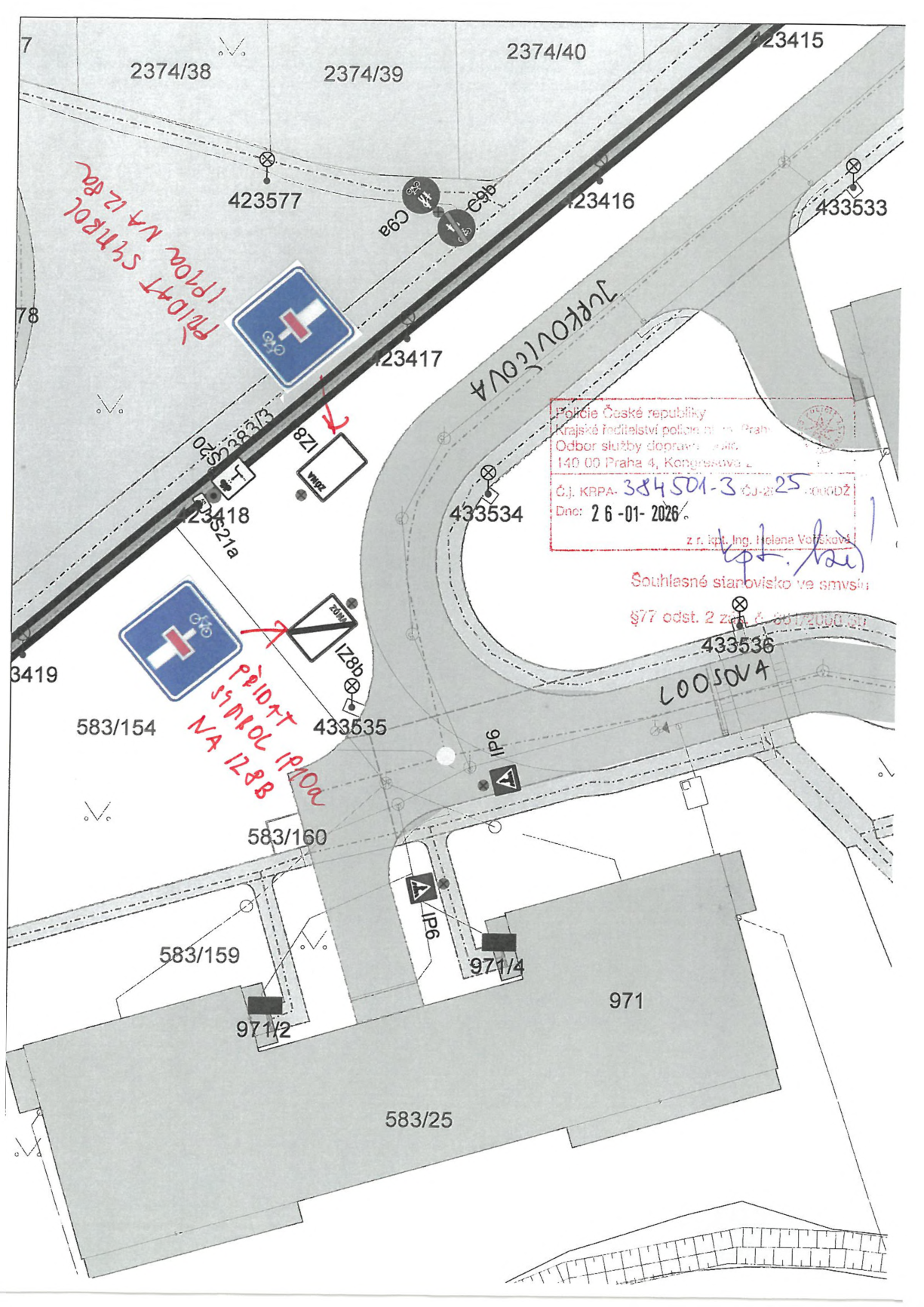 Dopravně-inženýrské situační schéma s vyznačeným umístěním dopravního značení v ulicích Jurkovičova a Loosova.