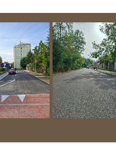 Fotografie zachycující stav komunikace. Levá část zobrazuje nově upravený úsek silnice s přechodem pro chodce, dopravní značkou 'STOP' a zaparkovaným červeným…