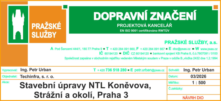 Informační tabulka projektu dopravního značení. Zhotovitel: Pražské služby, a.s., Pod Šancemi 444/1, 180 77 Praha 9, IČ 60194120, DIČ CZ 60194120. Projekt: Stavební úpravy NTL Koněvova, Strážní a okolí, Praha 3. Vypracoval a schválil: Ing. Petr Urban (tel: +420 736 518 280, e-mail: petr.urban@psas.cz). Objednatel: Techinfra, s. r. o. Datum: 03/2026. Měřítko: 1:500. Typ dokumentu: NÁVRH DIO.