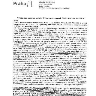 Výňatek ze zápisu z jednání Výboru pro majetek ZMČ P3 ze dne 27.4.2026. Předmětem je žádost Římskokatolické kvazifarnosti Praha – Na Balkáně o prodej pozemku p…