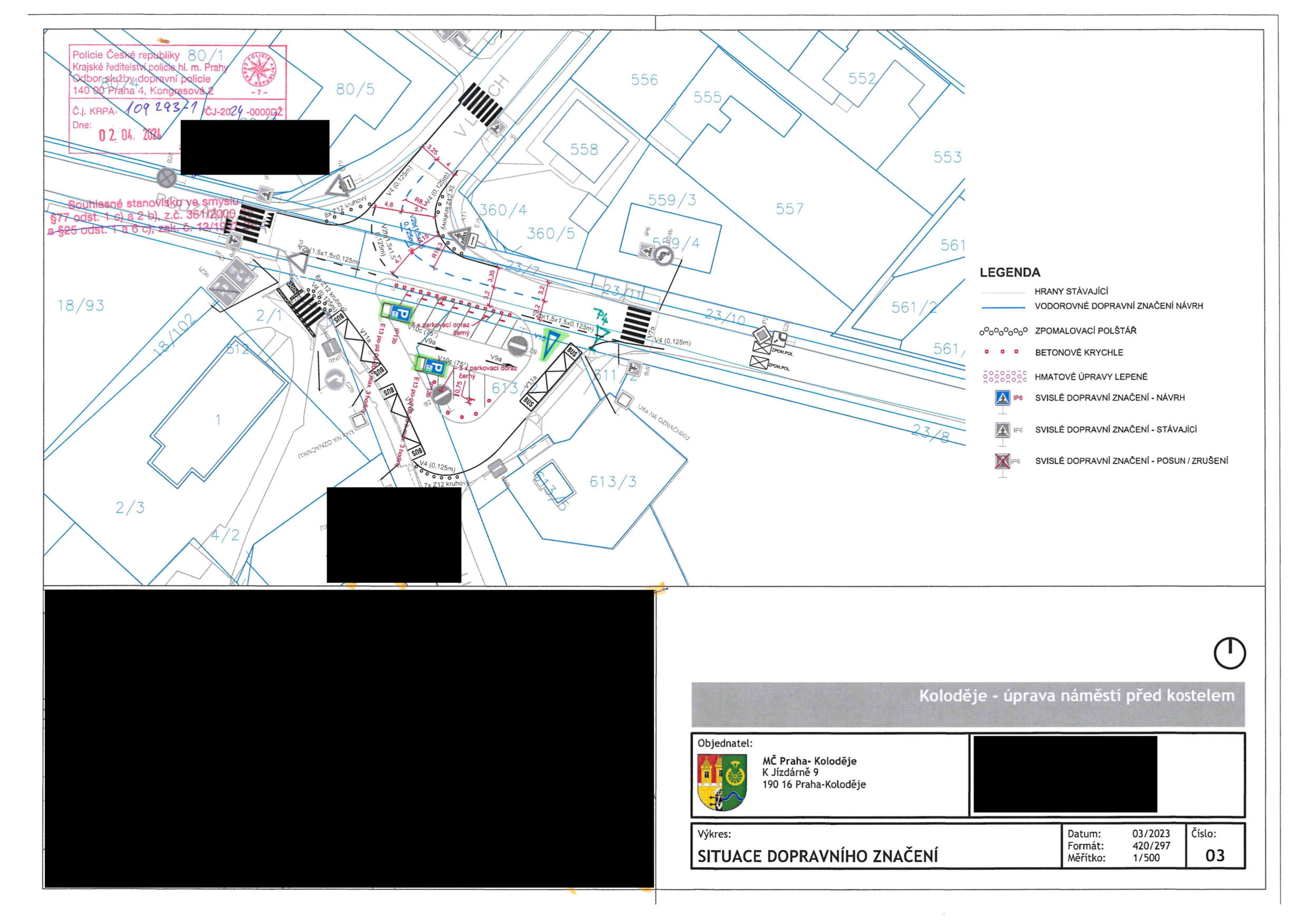 Projektová situace dopravního značení pro úpravu náměstí v Praze-Kolodějích.
