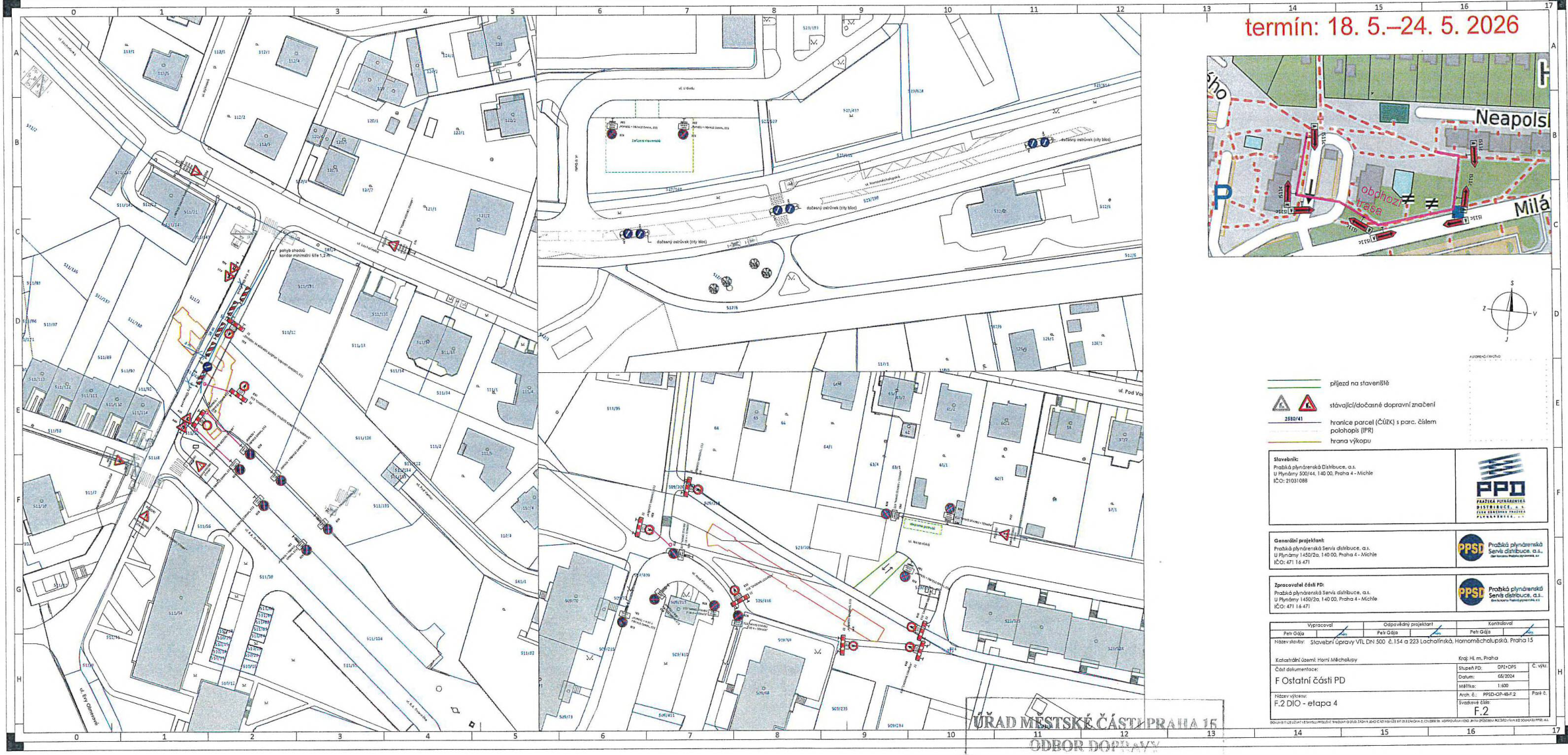 Situační plán dopravního značení pro stavební práce na inženýrských sítích.