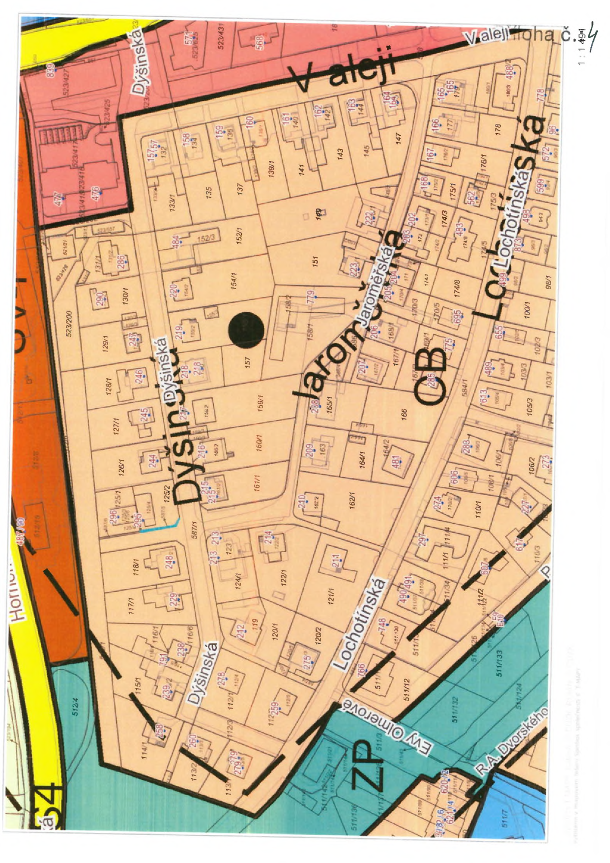 Katastrální mapa oblasti v Praze, obsahující ulice: Dýšinská, V aleji, Jaroměřská, Lochotínská a R. A. Dvorského. Mapa zobrazuje jednotlivé parcely s jejich čísly (např. 523/200, 129/1, 128/1, 246, 245, 244, 125/2, 587/1, 213, 215, 216, 160/1, 159/1, 157, 158/1, 154/1, 152/3, 152/1, 135, 137, 139/1, 141, 143, 145, 147, 167/1, 168/1, 170/3, 170/5, 174/8, 174/5, 174/3, 175/1, 175/3, 176/1, 176/2, 177, 178, 166, 165, 164, 163, 162/1, 162/2, 164/1, 164/2, 165/1, 167/2, 168/2, 169, 170/4, 171, 172, 174/2, 174/9, 483, 499, 599, 643, 655, 613, 489, 105/4, 105/3, 103/3, 103/1, 100/1, 98/1, 873, 96, 778, 488/2, 160, 159, 158, 157, 161, 162, 163, 164, 165, 166, 167, 168, 169, 170, 171, 172, 173, 174, 175, 176, 177, 178, 179, 180, 181, 182, 183, 184, 185, 186, 187, 188, 189, 190, 191, 192, 193, 194, 195, 196, 197, 198, 199, 200, 201, 202, 203, 204, 205, 206, 207, 208, 209, 210, 211, 212, 213, 214, 215, 216, 217, 218, 219, 220, 221, 222, 223, 224, 225, 226, 227, 228, 229, 230, 231, 232, 233, 234, 235, 236, 237, 238, 239, 240, 241, 242, 243, 244, 245, 246, 247, 248, 249, 250, 251, 252, 253, 254, 255, 256, 257, 258, 259, 260, 261, 262, 263, 264, 265, 266, 267, 268, 269, 270, 271, 272, 273, 274, 275, 276, 277, 278, 279, 280, 281, 282, 283, 284, 285, 286, 287, 288, 289, 290, 291, 292, 293, 294, 295, 296). V mapě je vyznačena oblast 'ZP' (zeleň) a měřítko 1:1494.