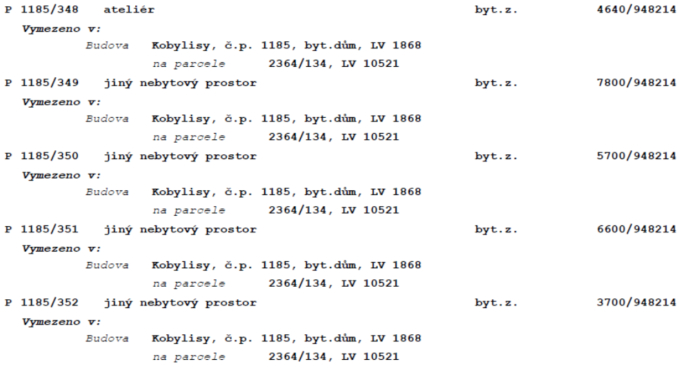 Tabulka s výčtem jednotek v budově č.p. 1185, k.ú. Kobylisy, na parcele 2364/134 (LV 10521, LV 1868). Seznam obsahuje: 1) P 1185/348, ateliér, podíl 4640/948214; 2) P 1185/349, jiný nebytový prostor, podíl 7800/948214; 3) P 1185/350, jiný nebytový prostor, podíl 5700/948214; 4) P 1185/351, jiný nebytový prostor, podíl 6600/948214; 5) P 1185/352, jiný nebytový prostor, podíl 3700/948214.