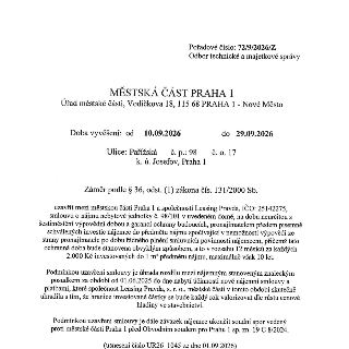 MĚSTSKÁ ČÁST PRAHA 1, Úřad městské části, Vodičkova 18, 115 68 PRAHA 1 - Nové Město. Pořadové číslo: 72/9/2026/Z, Odbor technické a majetkové správy. Doba vyvě…