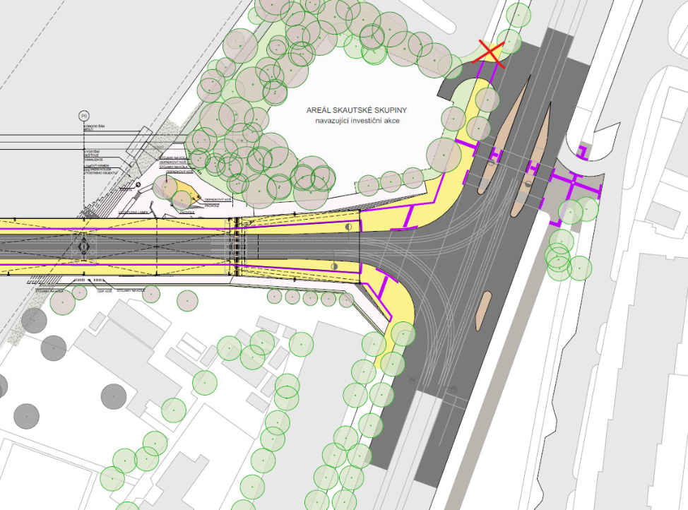 Koordinační situační výkres stavby dopravní infrastruktury s vyznačeným napojením na areál skautské skupiny.