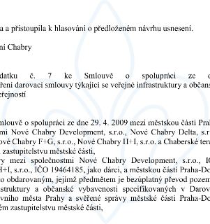 Naskenovaná stránka textového dokumentu (smlouva / usnesení) týkající se městské části Praha-Dolní Chabry, uzavření dodatku č. 7 ke Smlouvě o spolupráci ze dne…