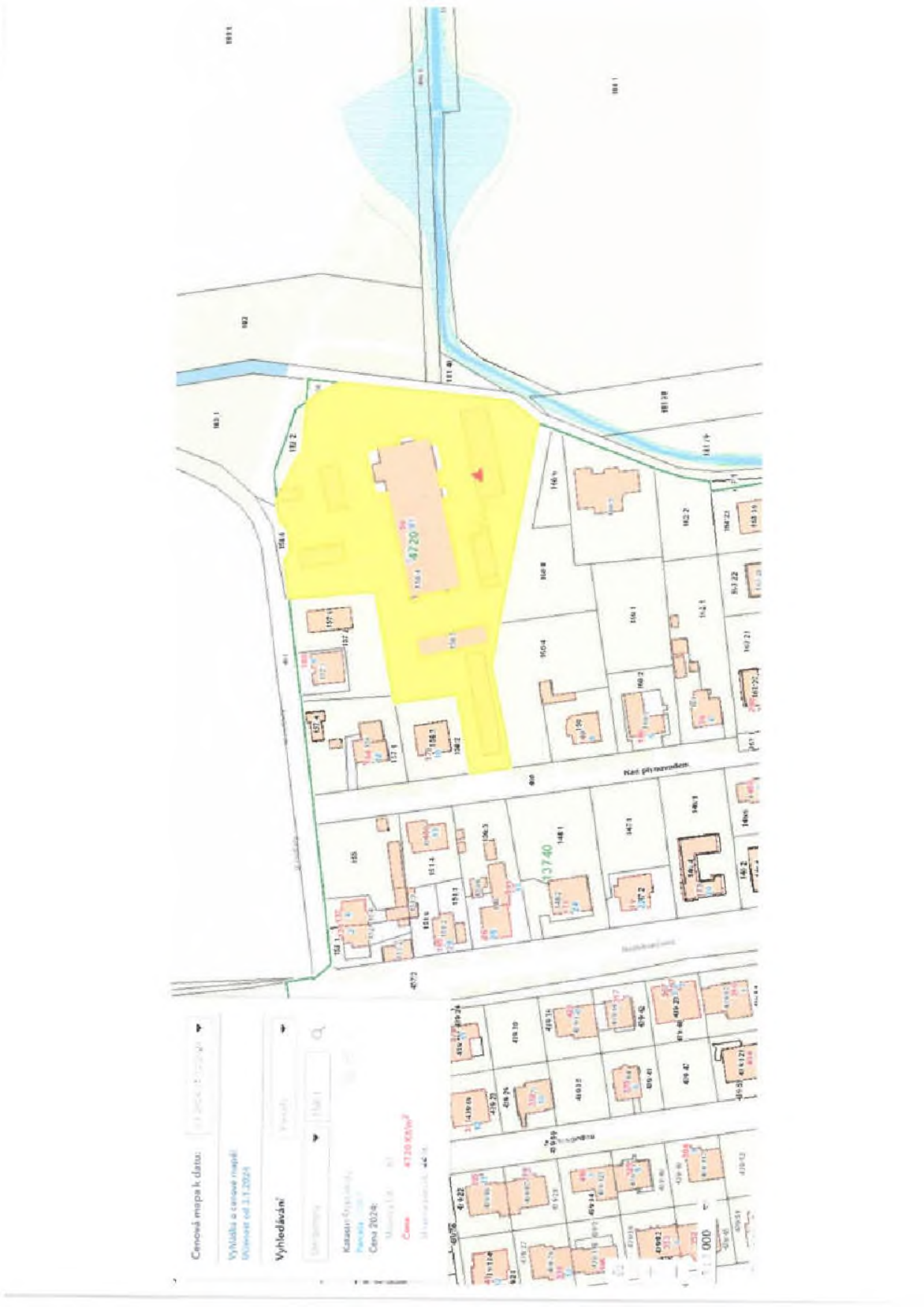 Výřez z katastrální mapy s vyznačenou parcelou (zvýrazněno žlutě). Textové informace: 'Cenová mapa k datu:', 'Vyhláška o cenové mapě: Účinnost od 1.1.2024', 'Vyhledávání', 'Katastrální území', 'Parcela', 'Cena 2024: 4720 Kč/m²', 'Místní název'. V mapě jsou patrná čísla parcel (např. 4720/91, 157/1, 158/1, 158/2, 155, 137/4, 148/1, 137/40 a další).