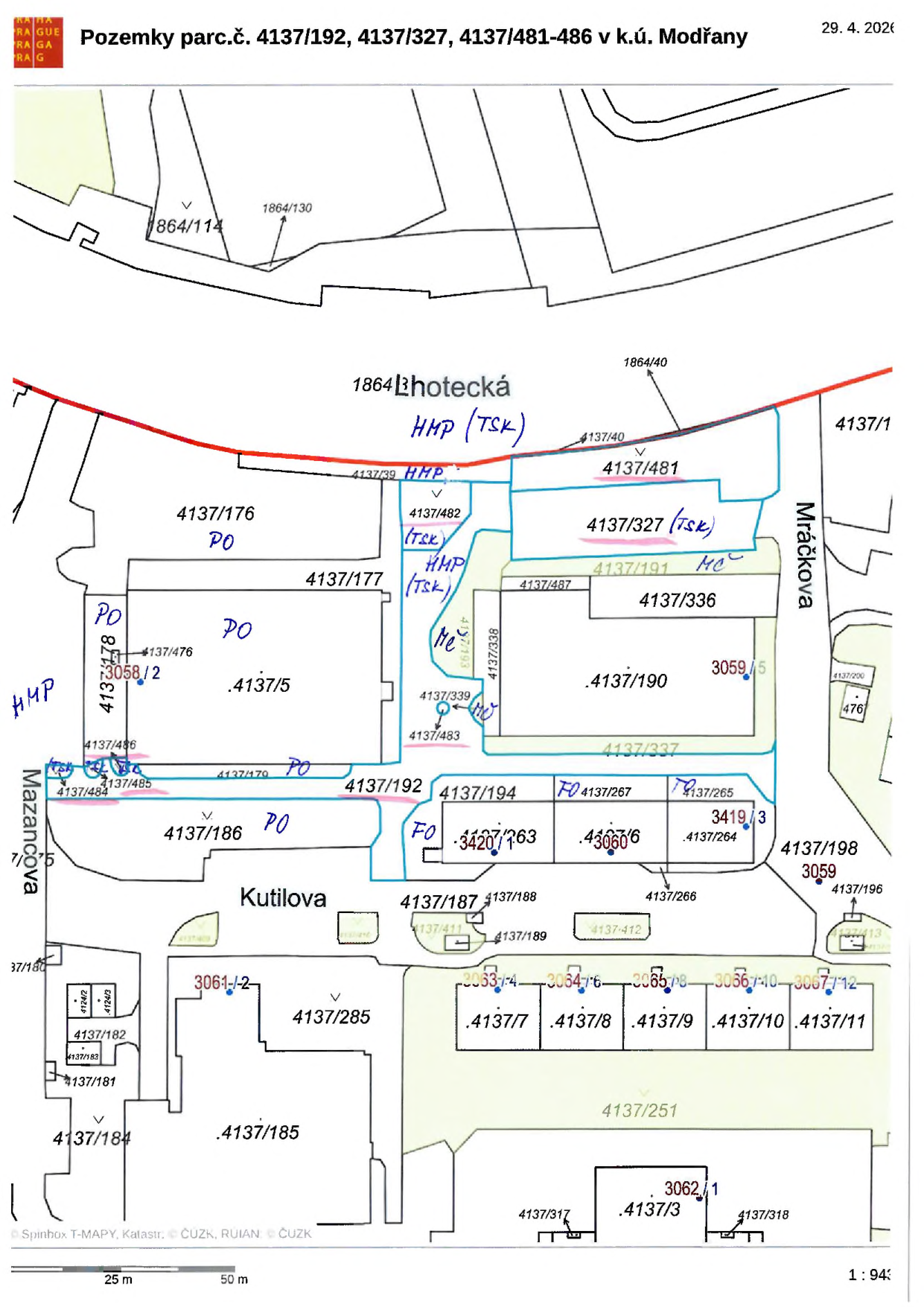Katastrální mapa s vyznačenými pozemky parc. č. 4137/192, 4137/327, 4137/481-486 v k.ú. Modřany, datum 29. 4. 2026. Mapa obsahuje popisky parcel (např. 4137/176, 4137/5, 4137/190, 4137/3, 4137/251, 4137/285), názvy ulic (Lhotecká, Mráčkova, Mazancova, Kutilova) a ručně psané poznámky (HMP, TSK, PO, FO, MC). Měřítko 25 m / 50 m.