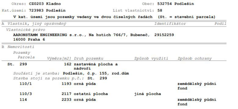 Výpis z katastru nemovitostí, List vlastnictví: 58, Okres: CZ0203 Kladno, Obec: 532754 Podlešín, Katastrální území: 723983 Podlešín. Vlastník: AARONSTAMM ENGINEERING s.r.o., Na hutích 766/7, Bubeneč, 16000 Praha 6, IČO: 29152259. Nemovitosti: 1) St. 299, výměra 162 m2, zastavěná plocha a nádvoří, součástí je stavba: Podlešín, č.p. 155, rod. dům. 2) 110/1, výměra 1193 m2, orná půda, způsob ochrany: zemědělský půdní fond. 3) 110/3, výměra 2117 m2, ostatní plocha, způsob využití: jiná plocha. 4) 114, výměra 2233 m2, orná půda, způsob ochrany: zemědělský půdní fond.