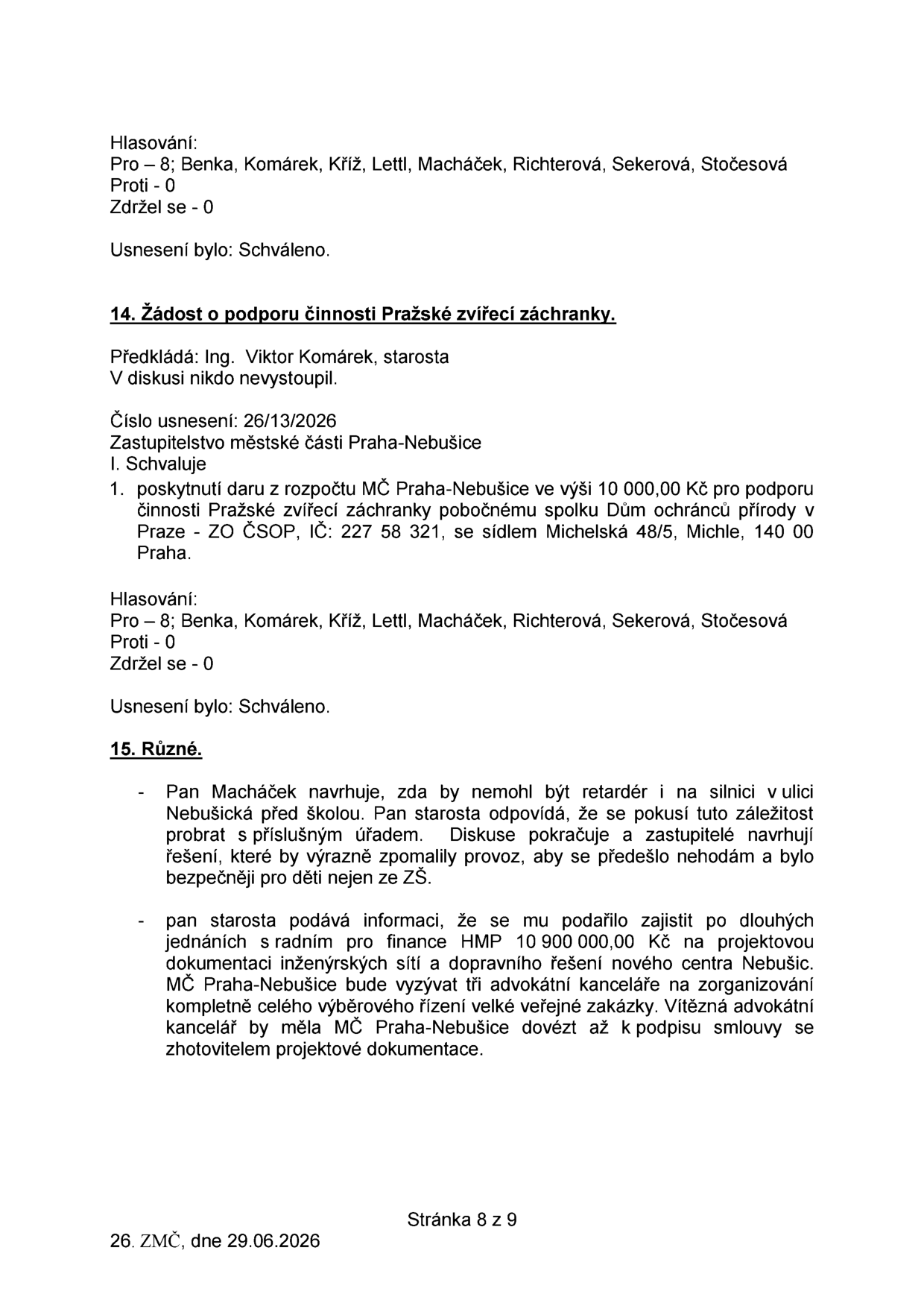 Zápis ze zasedání zastupitelstva MČ Praha-Nebušice ze dne 29.06.2026 (stránka 8 z 9). Obsahuje: 1. Hlasování o bodu 14 (Žádost o podporu činnosti Pražské zvířecí záchranky): schváleno 8 hlasy pro, dar 10 000 Kč pro Dům ochránců přírody v Praze - ZO ČSOP, IČ: 227 58 321. 2. Bod 15 (Různé): návrh pana Macháčka na instalaci retardéru v ulici Nebušická před školou kvůli bezpečnosti dětí; informace starosty o zajištění financí 10 900 000 Kč od HMP na projektovou dokumentaci inženýrských sítí a dopravního řešení nového centra Nebušic a plánovaný výběr advokátní kanceláře pro organizaci výběrového řízení.