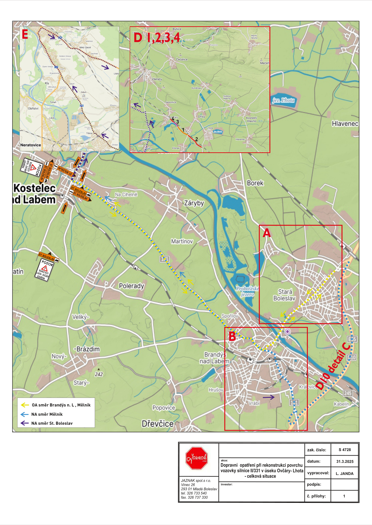 Situační nákres dopravních opatření při rekonstrukci silnice II/331 v úseku Ovčáry-Lhota.