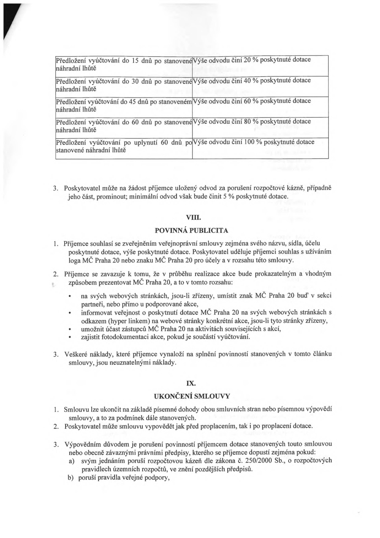 Tabulka sankcí za porušení rozpočtové kázně: Předložení vyúčtování do 15 dnů po stanovené náhradní lhůtě: 20 % dotace; do 30 dnů: 40 %; do 45 dnů: 60 %; do 60 dnů: 80 %; po uplynutí 60 dnů: 100 %. Bod 3: Poskytovatel může na žádost příjemce uložený odvod prominout, minimálně však 5 %. Článek VIII. POVINNÁ PUBLICITA: Příjemce souhlasí se zveřejněním smlouvy a zavazuje se prezentovat MČ Praha 20 (umístit znak na webu, informovat o dotaci s odkazem, umožnit účast zástupců MČ na akcích). Článek IX. UKONČENÍ SMLOUVY: Smlouvu lze ukončit dohodou nebo výpovědí. Poskytovatel může vypovědět smlouvu při porušení rozpočtové kázně dle zákona č. 250/2000 Sb. nebo pravidel veřejné podpory.