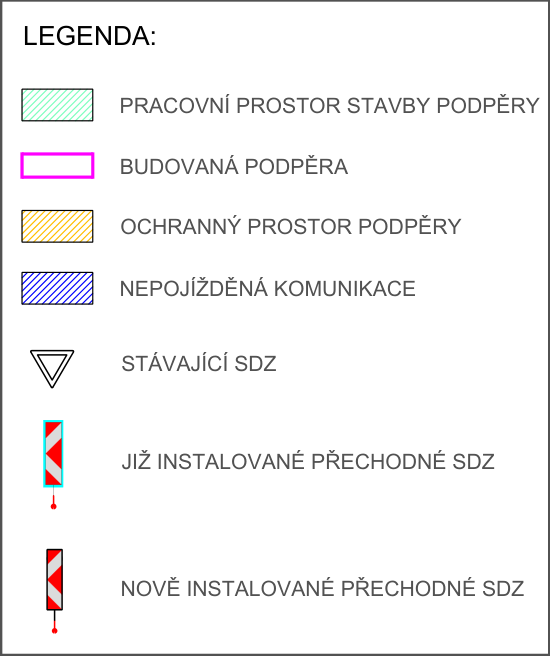 Legenda ke schématu dopravního značení a pracovního prostoru stavby.