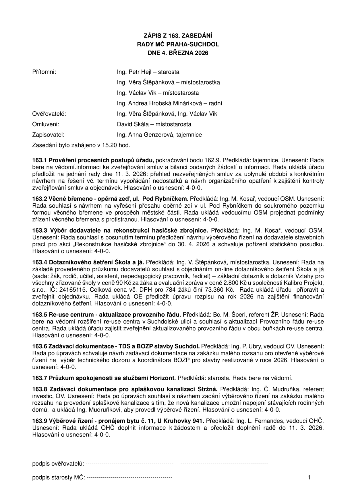 Zápis ze 163. zasedání Rady MČ Praha-Suchdol ze dne 4. března 2026. Přítomni: Ing. Petr Hejl (starosta), Ing. Věra Štěpánková (místostarostka), Ing. Václav Vik (místostarosta), Ing. Andrea Hrobská Mináriková (radní). Omluveni: David Skála (místostarosta). Zapisovatel: Ing. Anna Genzerová. Obsah usnesení: 163.1 Prověření procesních postupů úřadu (zveřejňování smluv). 163.2 Věcné břemeno – opěrná zeď, ul. Pod Rybníčkem. 163.3 Výběr dodavatele na rekonstrukci hasičské zbrojnice (termín do 30. 4. 2026). 163.4 Dotazníkové šetření Škola a já (cena 90 Kč za žáka, celkem 73 360 Kč). 163.5 Re-use centrum – aktualizace provozního řádu. 163.6 Zadávací dokumentace – TDS a BOZP stavby Suchdol. 163.7 Průzkum spokojenosti se službami Horizont. 163.8 Zadávací dokumentace pro splaškovou kanalizaci Stržná. 163.9 Výběrové řízení – pronájem bytu č. 11, U Kruhovky 941 (doplnění informací do 11. 3. 2026).