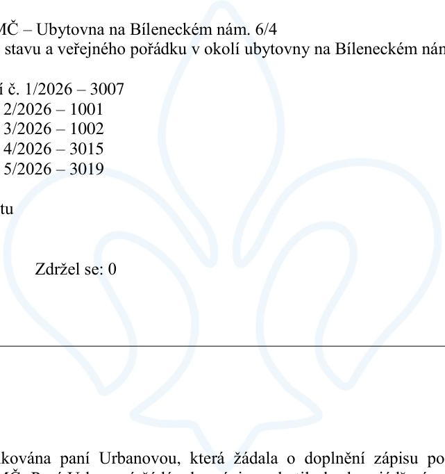 Výňatek z úředního zápisu: MČ – Ubytovna na Bíleneckém nám. 6/4, řešení stavu a veřejného pořádku v okolí ubytovny na Bíleneckém nám. Seznam usnesení: č. 1/2026 – 3007, 2/2026 – 1001, 3/2026 – 1002, 4/2026 – 3015, 5/2026 – 3019. Počet hlasů: Zdržel se: 0. Dále text zmiňuje paní Urbanovou, která žádala o doplnění zápisu.