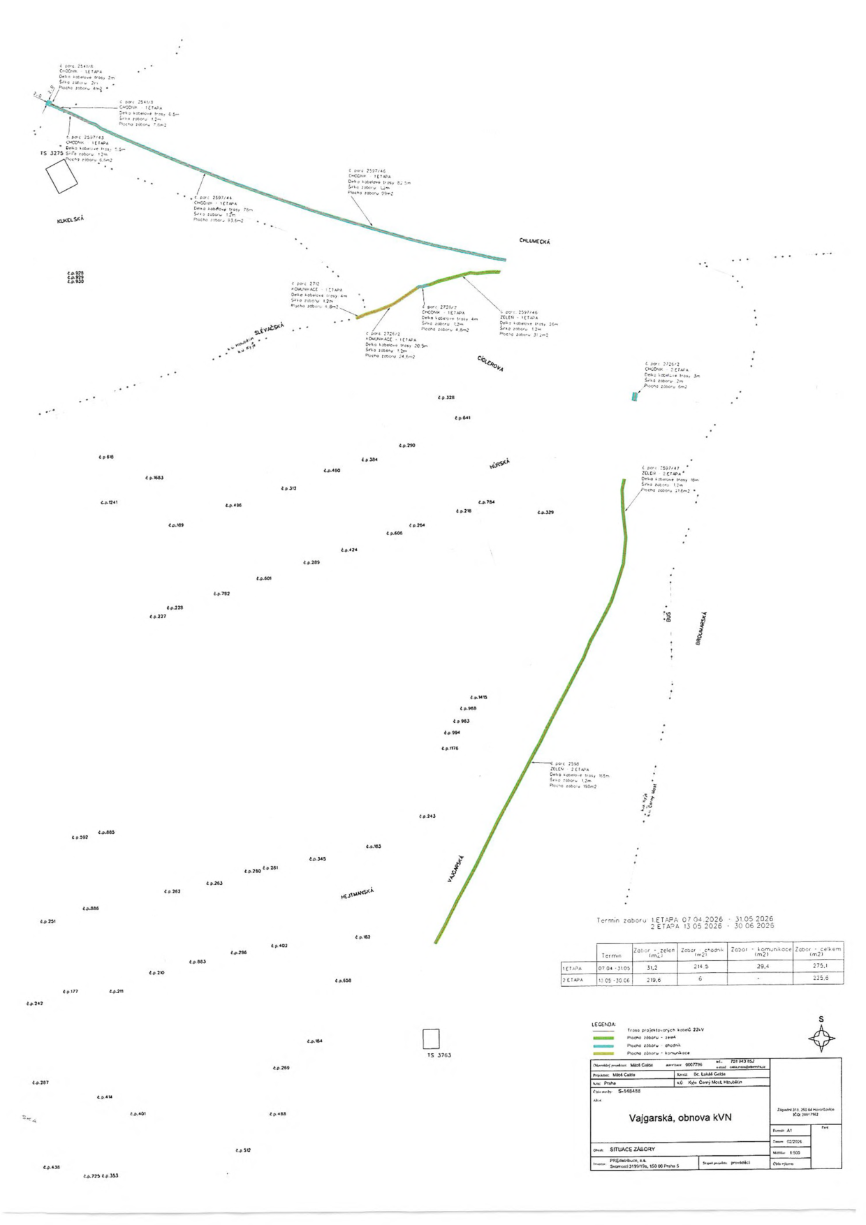 Situační nákres plánované obnovy kabelového vedení VN v lokalitě Vajgarská.