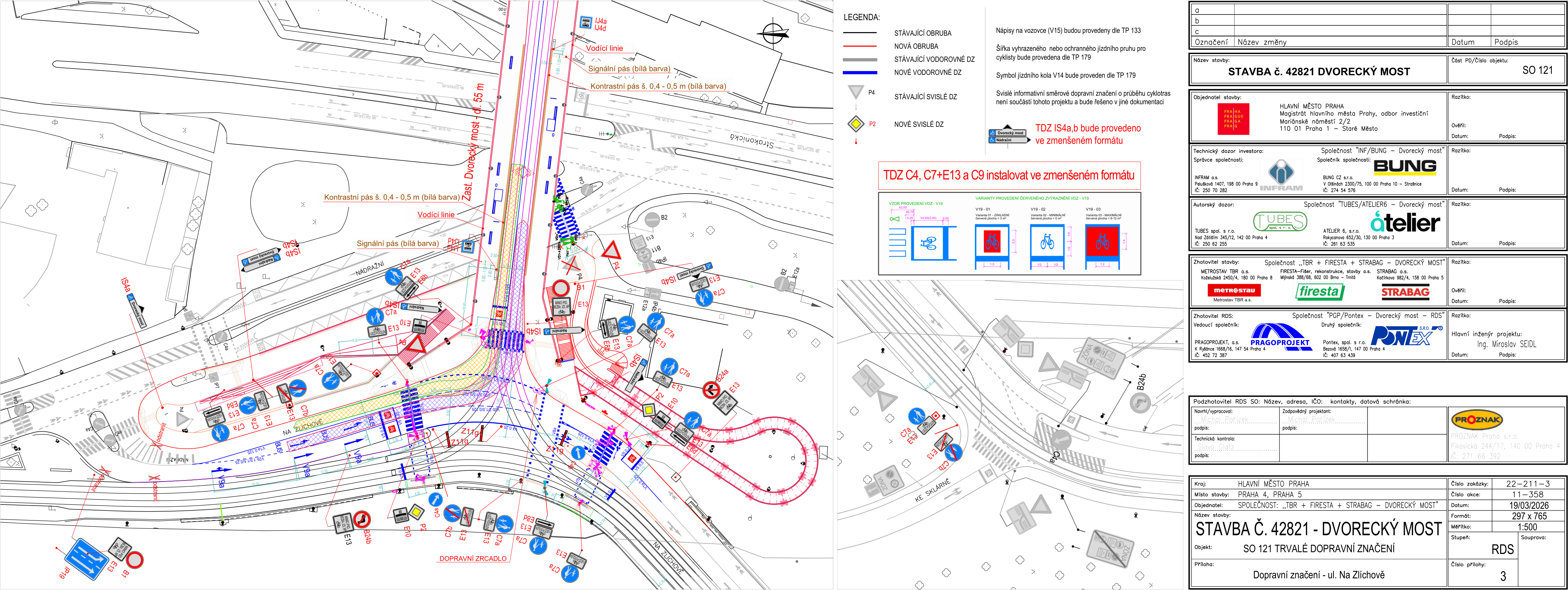 Situační nákres trvalého dopravního značení pro stavbu Dvoreckého mostu.