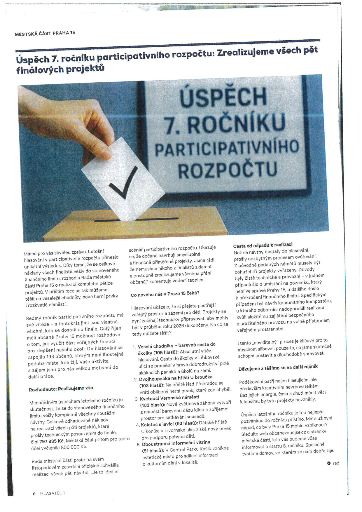 Informační leták Městské části Praha 15 o výsledcích 7. ročníku participativního rozpočtu. Hlavní sdělení: 'Zrealizujeme všech pět finálových projektů'. Celkové náklady na projekty činí 797 885 Kč (vyčleněno 800 000 Kč). Seznam vítězných projektů: 1. Veselé chodníky – barevná cesta do školky (105 hlasů), 2. Dvojhoupačka na hřišti U broučka (103 hlasy), 3. Kvetoucí Veronské náměstí (103 hlasy), 4. Kolotoč s lavicí v Livornské ulici (93 hlasy), 5. Oboustranná informační vitrína v Central Parku Hostivař (51 hlasů). Informace o procesu výběru, zamítnutých projektech a výzva ke sledování webu obcanezapojse.cz pro další ročník.