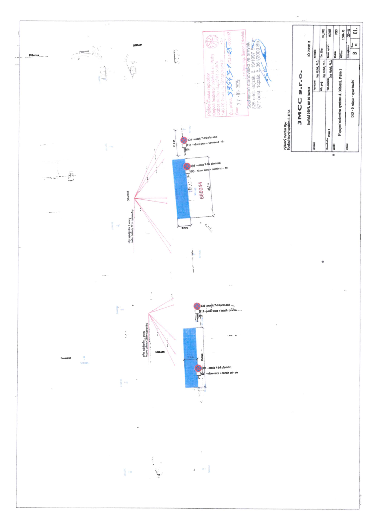 Situační nákres dopravního značení pro projekt propojení stokového systému v ulici Olšanská.