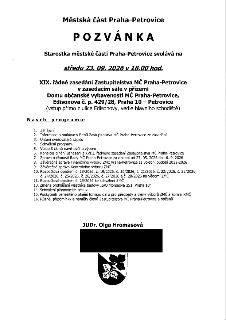 Pozvánka na XIX. řádné zasedání Zastupitelstva MČ Praha-Petrovice, které se koná ve středu 23. 09. 2026 v 18.00 hod. v zasedacím sále v přízemí Domu občanské v…