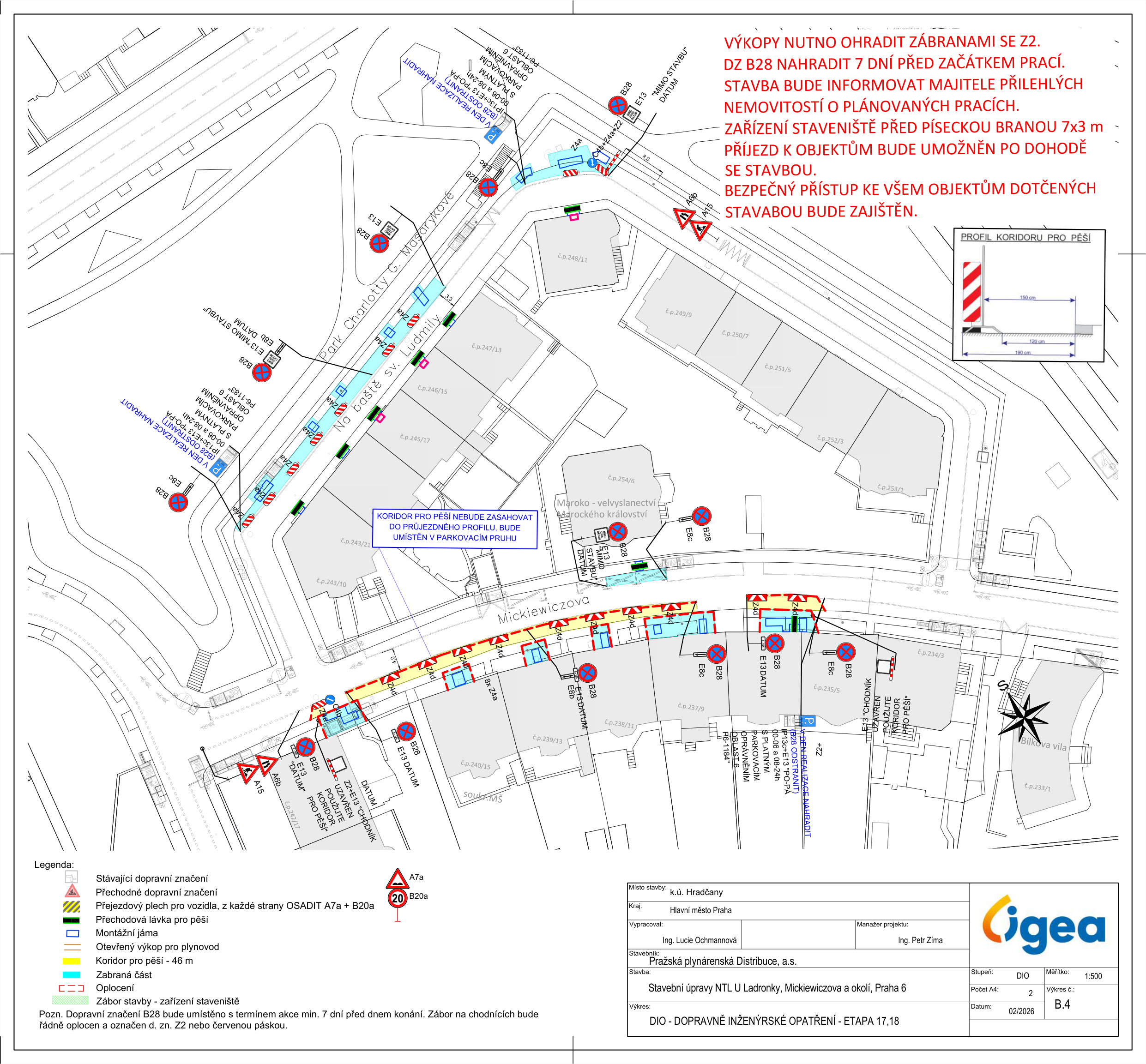 Situační nákres dopravního značení a záboru veřejného prostranství v souvislosti se stavebními úpravami plynárenské sítě.