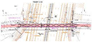 Stavební výkres (půdorys 1:200) lávky přes dálnici D11. Obsahuje technické údaje: délka NK 67020, rozpětí lávky 66410. Vyznačeny směry na Klánovice, Horní Poče…