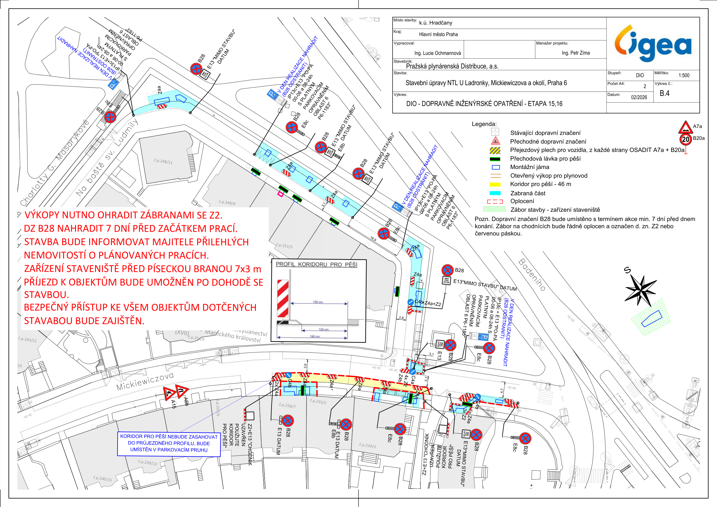 Situační nákres dopravně inženýrských opatření pro stavební úpravy NTL plynovodu v ulicích Mickiewiczova a Na Baště sv. Ludmily.