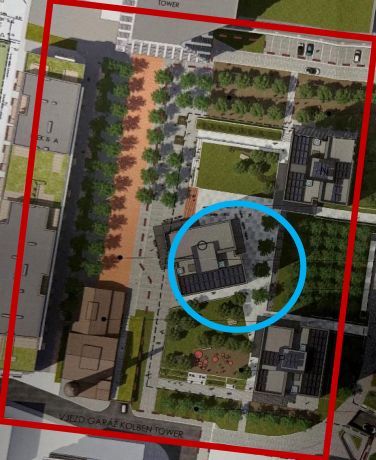 Koordinační situační výkres plánované výstavby s vyznačeným objektem.