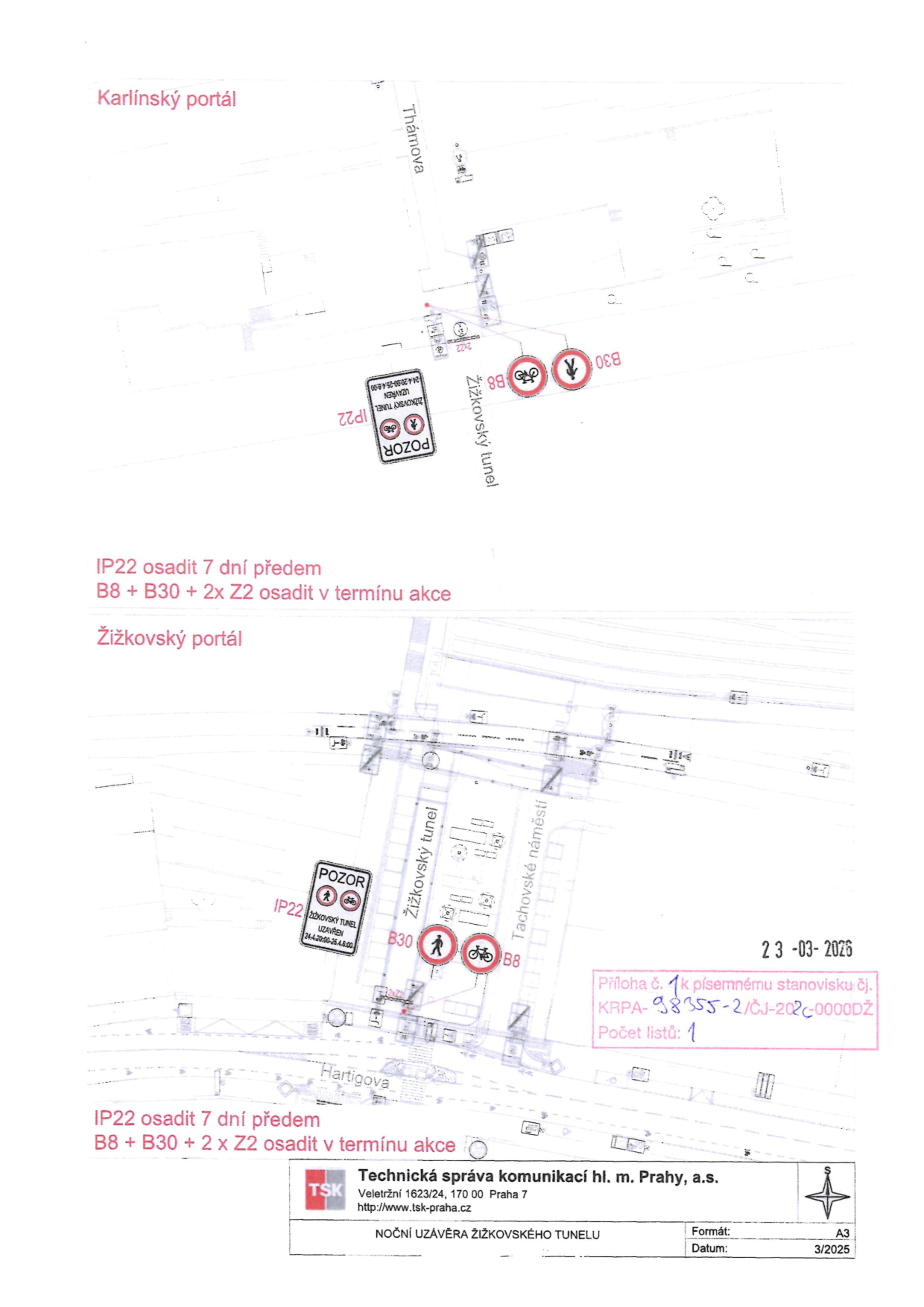 Situační nákres dopravního značení pro uzavírku Žižkovského tunelu.