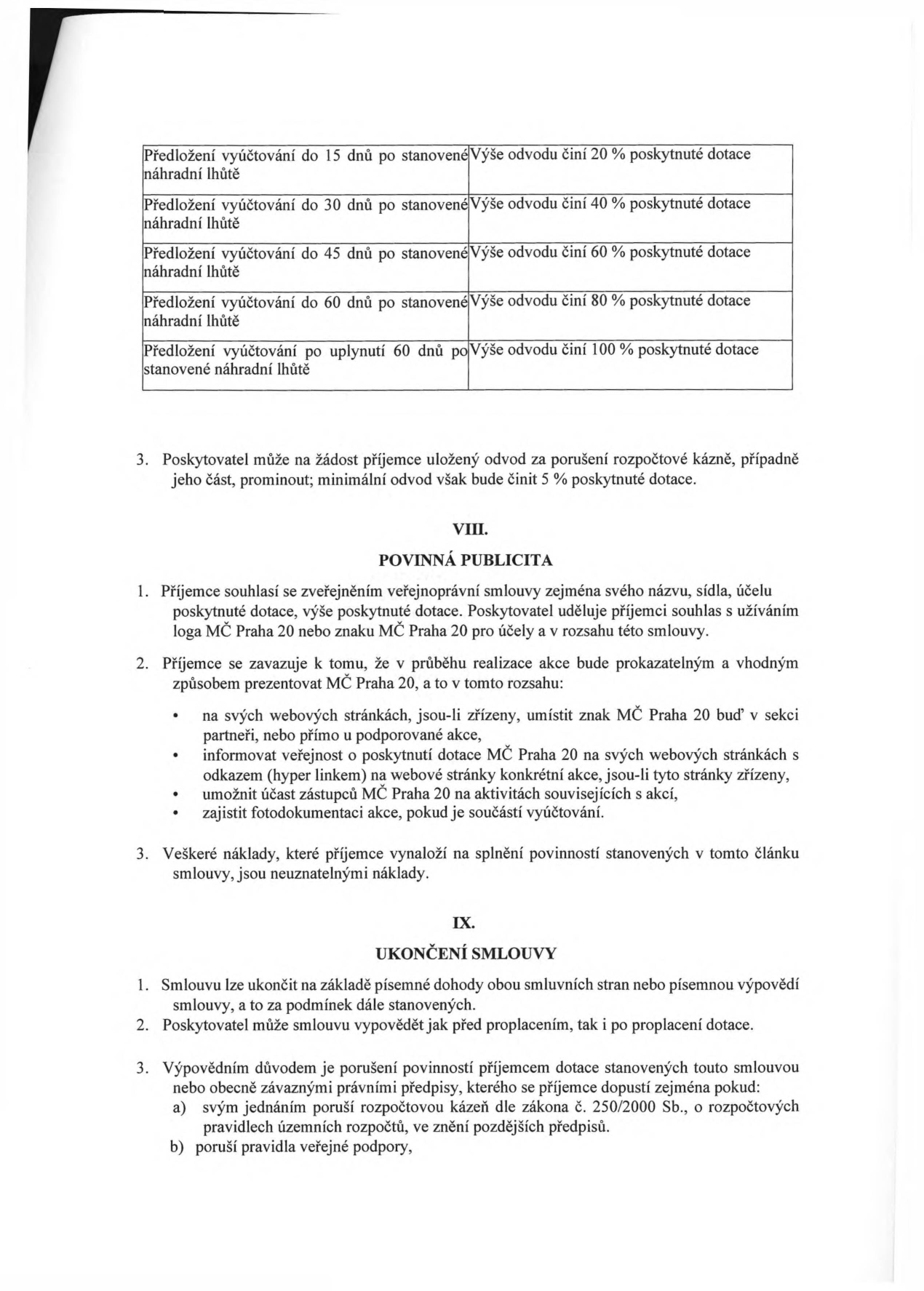 Tabulka sankcí za pozdní předložení vyúčtování dotace: 15 dní po lhůtě 20 %, 30 dní 40 %, 45 dní 60 %, 60 dní 80 %, po 60 dnech 100 %. Dále text smlouvy: bod 3 (možnost prominutí odvodu), článek VIII. Povinná publicita (povinnosti příjemce dotace ohledně loga MČ Praha 20 a propagace akce), článek IX. Ukončení smlouvy (způsoby ukončení a důvody výpovědi při porušení rozpočtové kázně nebo pravidel veřejné podpory).