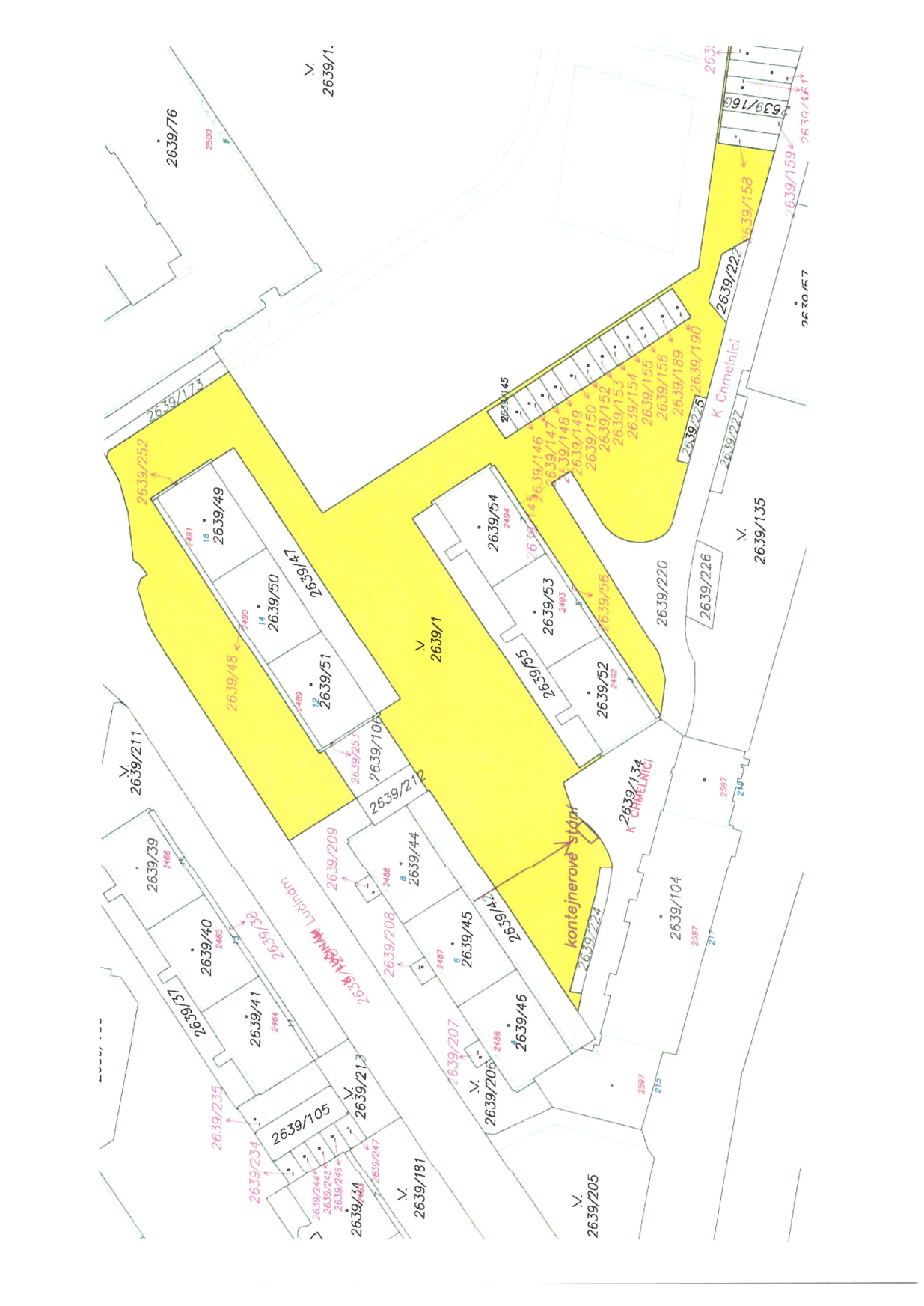 Katastrální mapa zobrazující parcelní čísla v dané lokalitě. Čitelná čísla parcel: 2639/235, 2639/234, 2639/244, 2639/245, 2639/246, 2639/247, 2639/34, 2639/181, 2639/205, 2639/206, 2639/46, 2639/207, 2639/45, 2639/208, 2639/44, 2639/209, 2639/38, 2639/41, 2639/40, 2639/37, 2639/211, 2639/213, 2639/105, 2639/212, 2639/106, 2639/253, 2639/48, 2639/49, 2639/50, 2639/51, 2639/1, 2639/55, 2639/53, 2639/52, 2639/56, 2639/224, 2639/104, 2639/220, 2639/226, 2639/227, 2639/225, 2639/190, 2639/189, 2639/156, 2639/154, 2639/153, 2639/152, 2639/150, 2639/149, 2639/148, 2639/147, 2639/146, 2639/54, 2639/222, 2639/158, 2639/159, 2639/160, 2639/166, 2639/135, 2639/173, 2639/76. Dále je v mapě vyznačen text 'NÁM Lučinám', 'K CHMELNICI' a 'kontejnerové stání'.