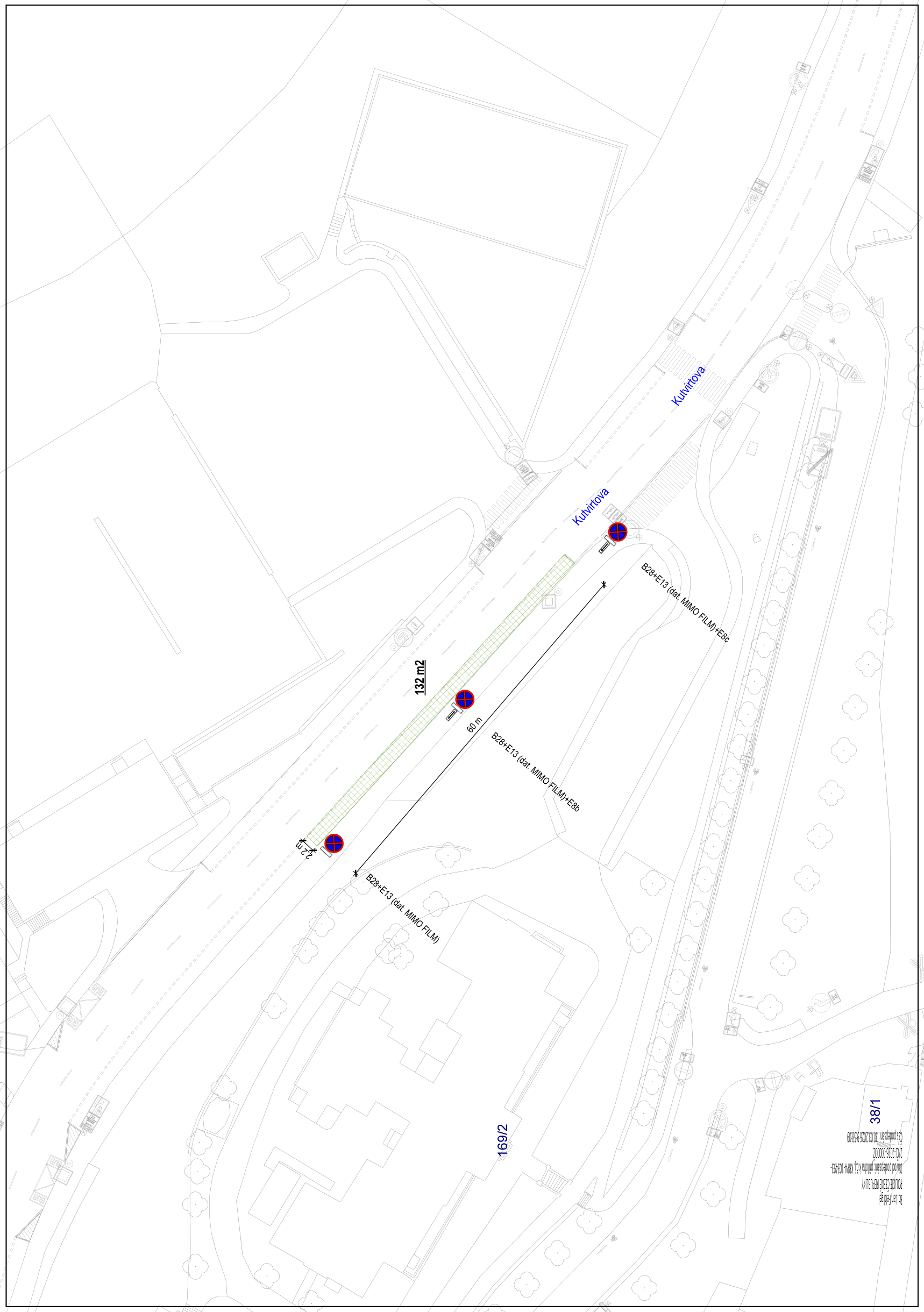 Situační nákres dopravního značení (zákaz zastavení) na ulici Kutvirtova.
