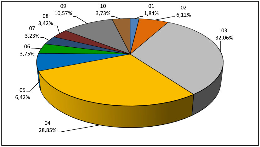 Koláčový graf znázorňující rozdělení podílů v procentech pro jednotlivé položky: 01: 1,84 %, 02: 6,12 %, 03: 32,06 %, 04: 28,85 %, 05: 6,42 %, 06: 3,75 %, 07: 3,23 %, 08: 3,42 %, 09: 10,57 %, 10: 3,73 %.